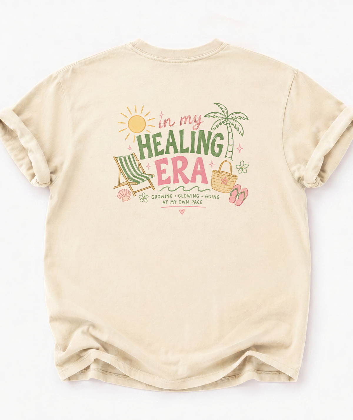 The back of In My Healing Era women's self growth graphic shirt in ivory
