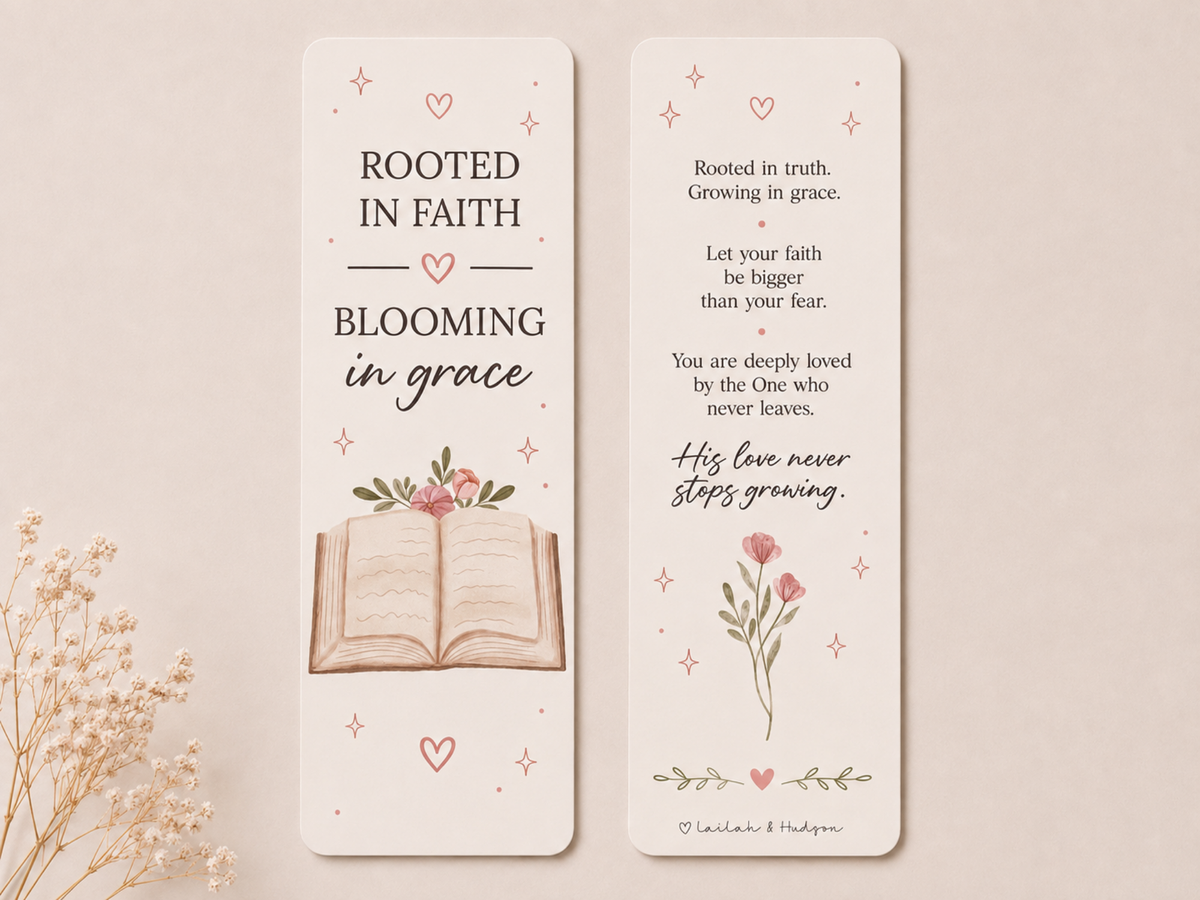 Front and back side of rooted in faith bookmark