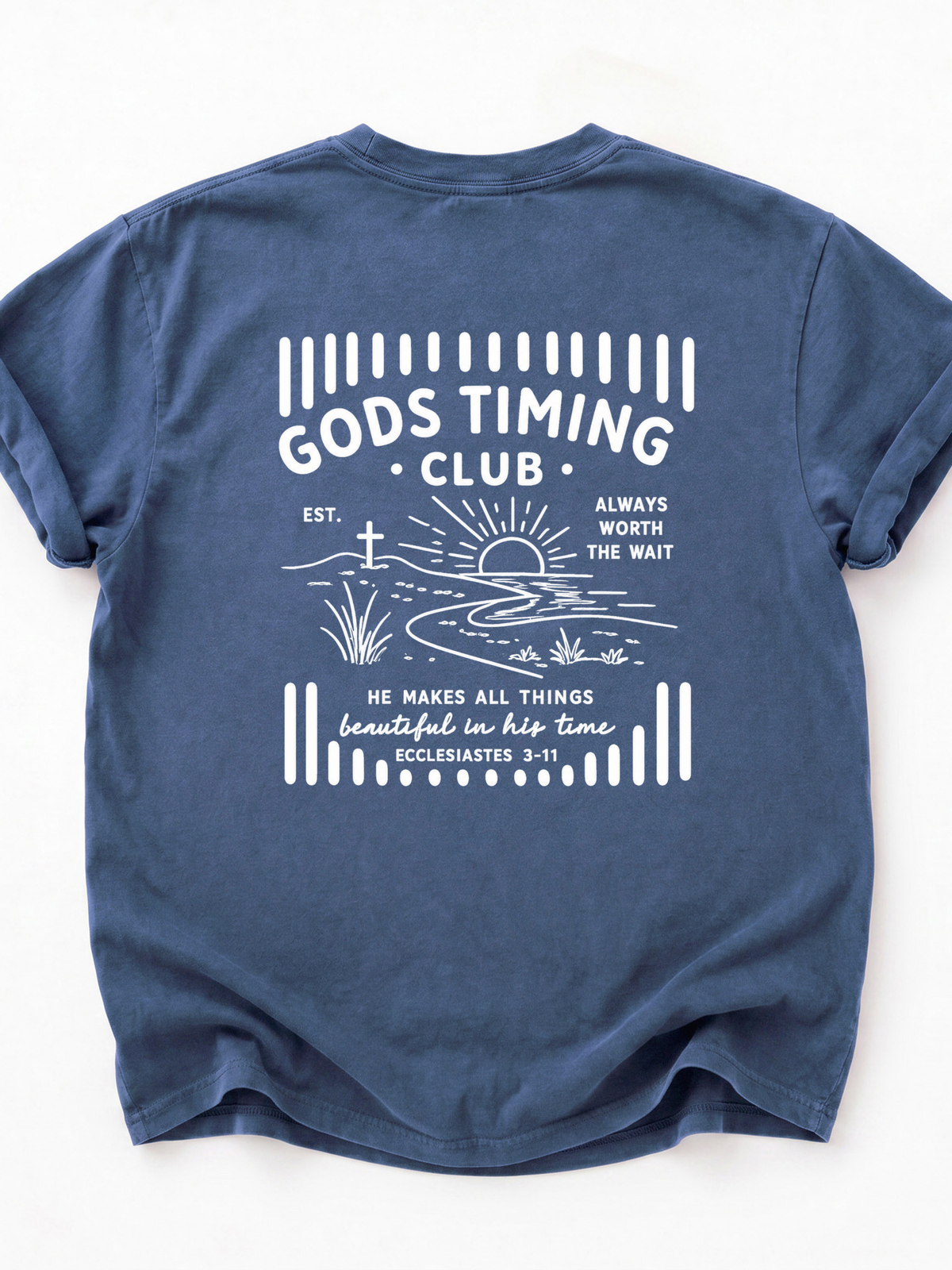 The back of God's Timing Club Christian faith graphic shirt in blue
