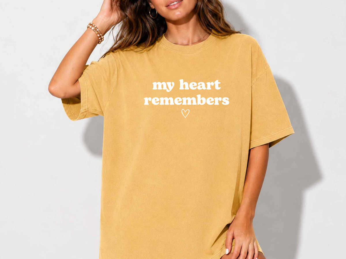 My Heart Remembers angel mom remembrance shirt on mustard yellow