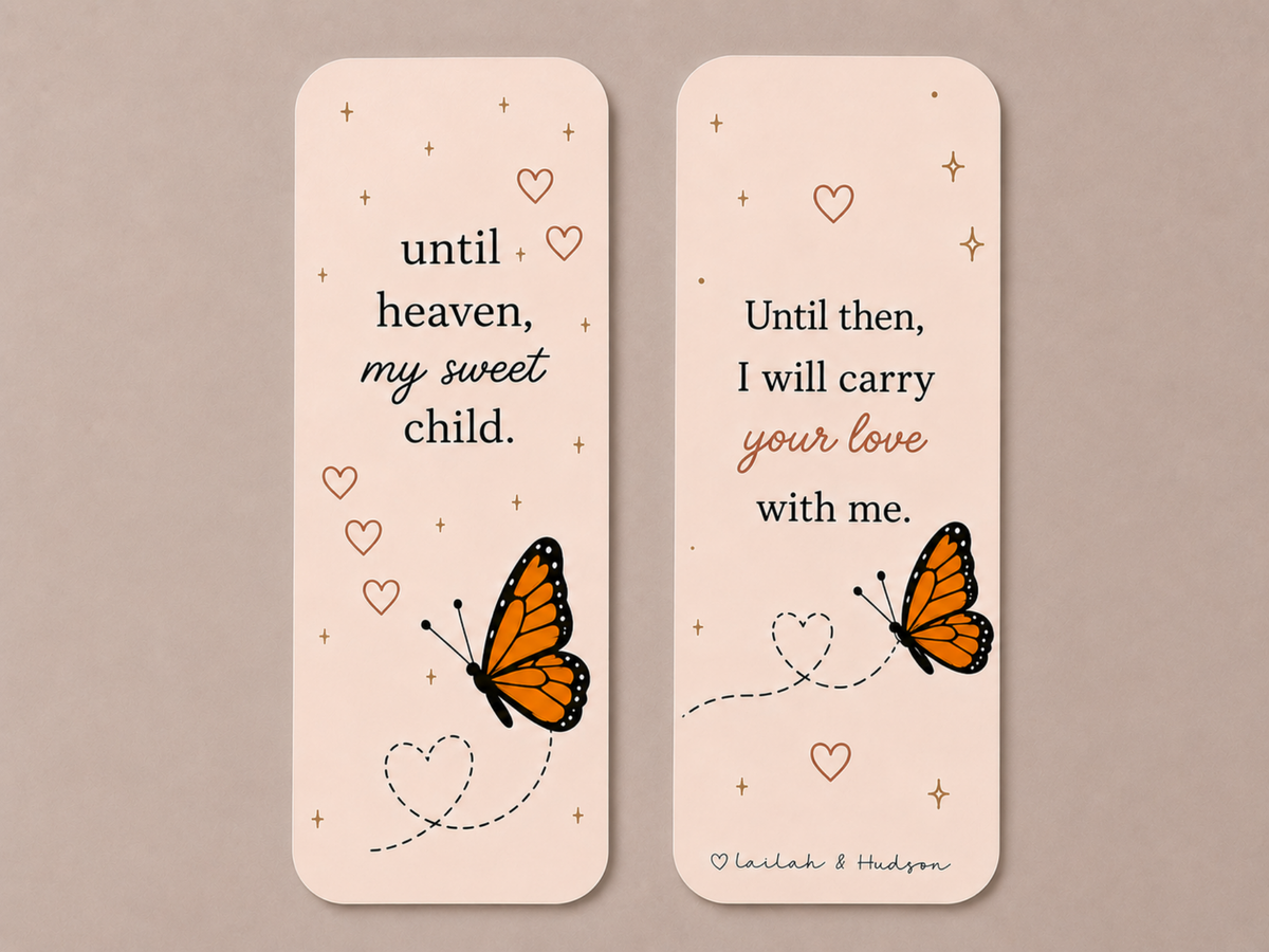 Front and back of until heaven my sweet child bookmark