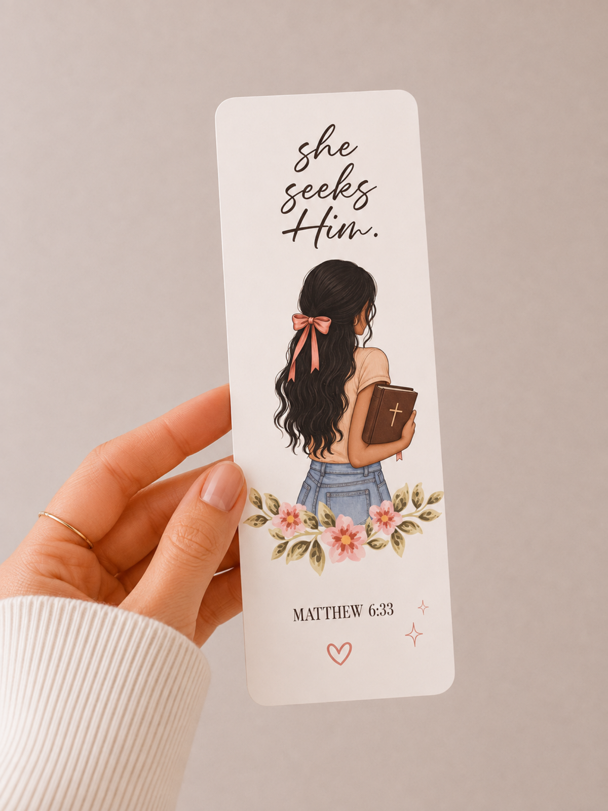She Seeks Him Christian bookmark medium skin tone design