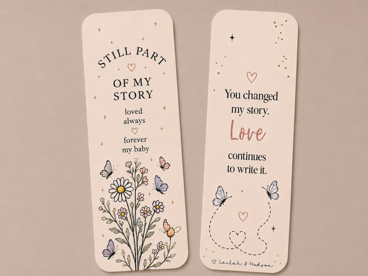 Front and back of Still part of my story bookmark