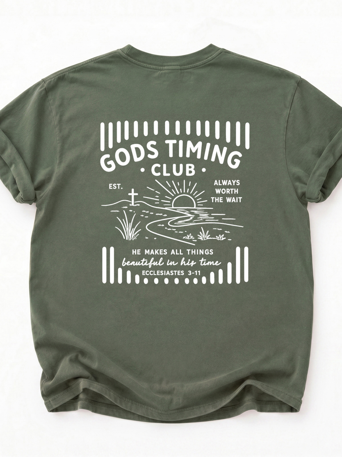 The back of God's Timing Club Christian faith graphic shirt in green