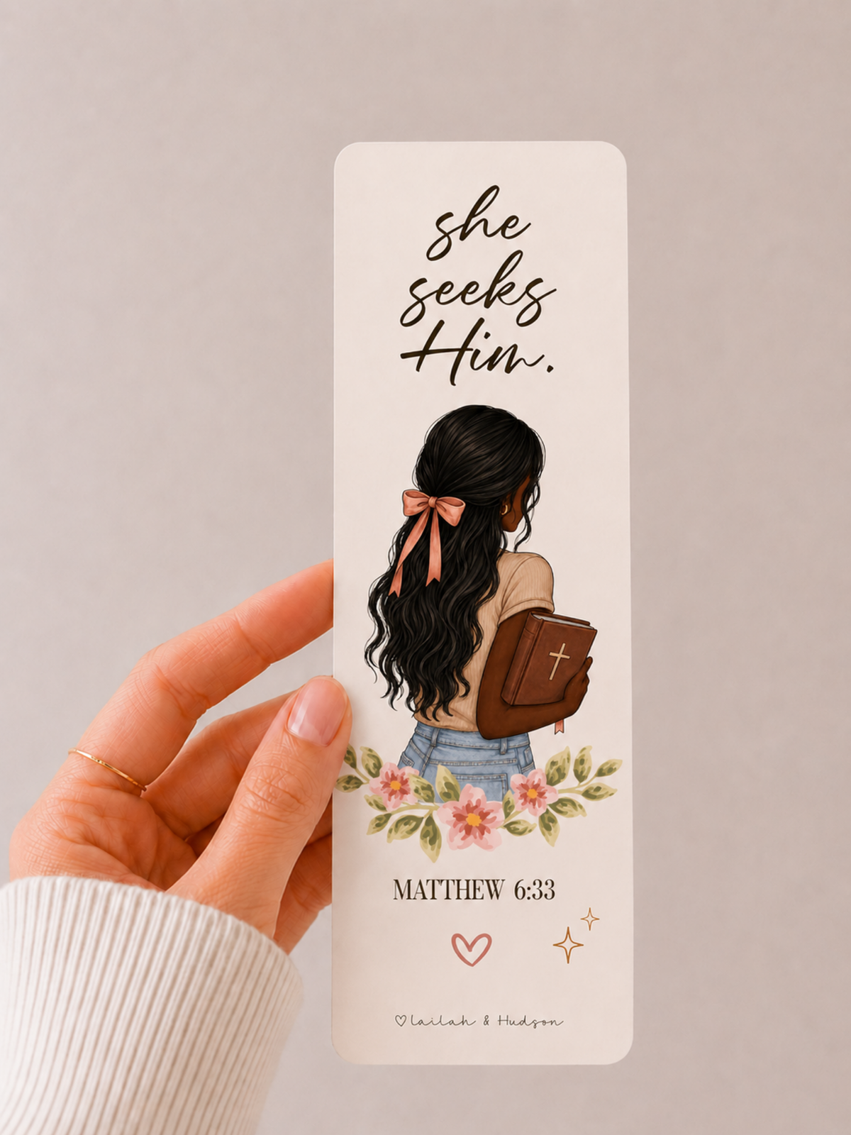 She Seeks Him Christian bookmark deep skin tone design