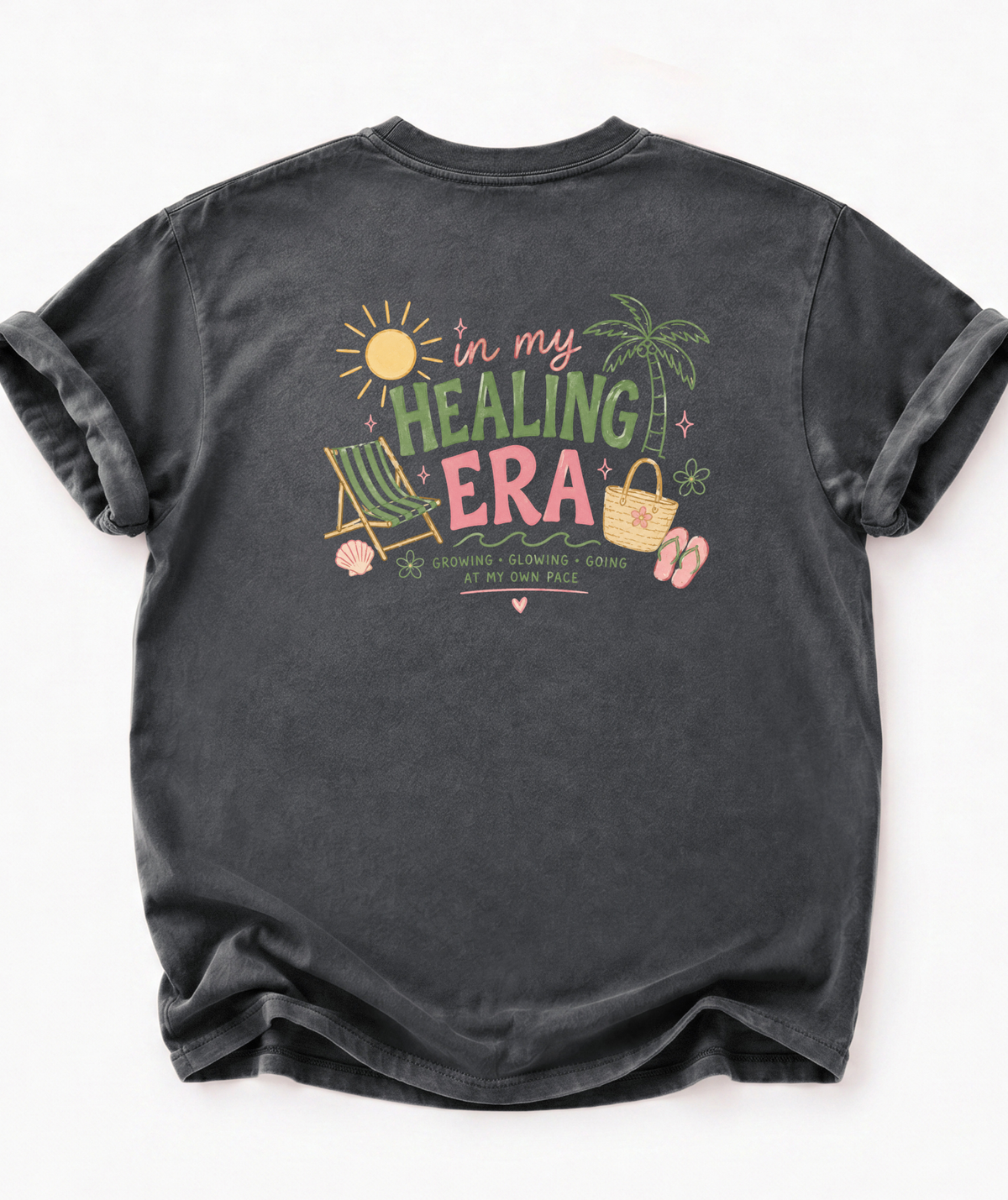 The back of In My Healing Era women's self growth graphic shirt in dark grey