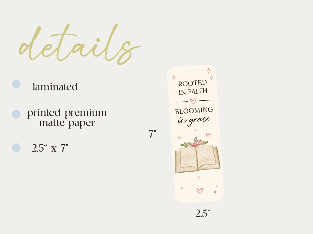 Rooted in faith bookmark size information