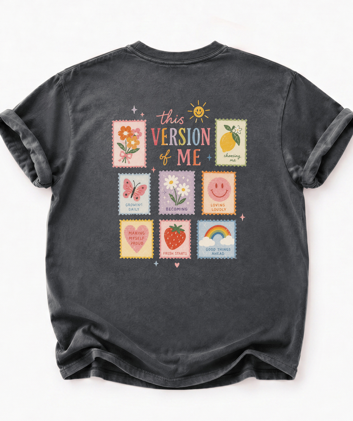 Back of This Version of Me women's self growth graphic shirt in dark grey