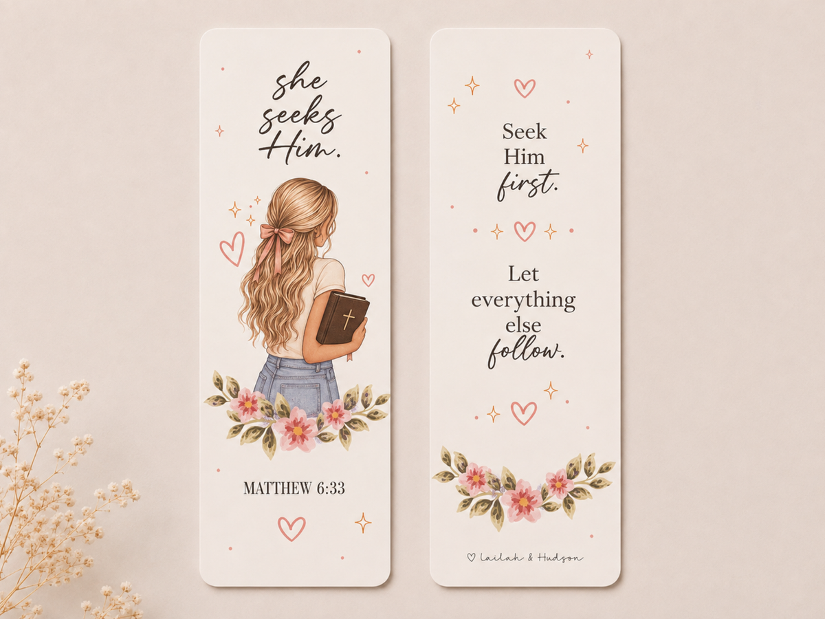 Front and back of She Seeks Him Christian bookmark
