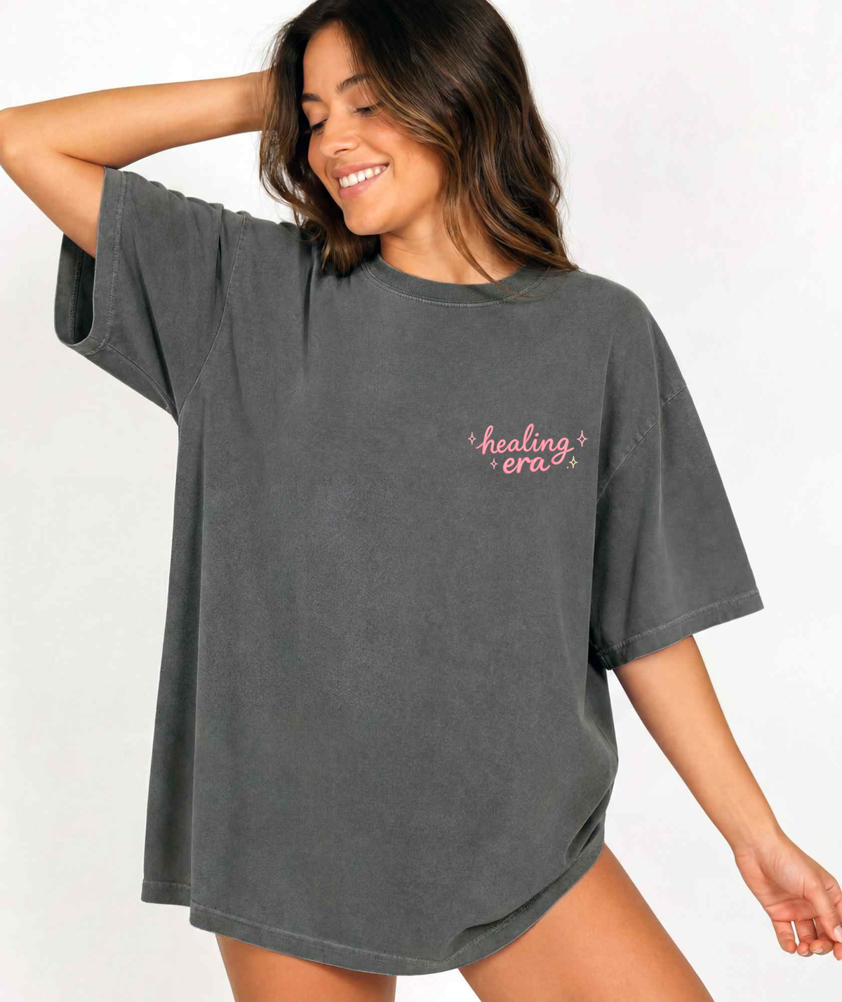 In My Healing Era women's self growth graphic shirt in dark grey