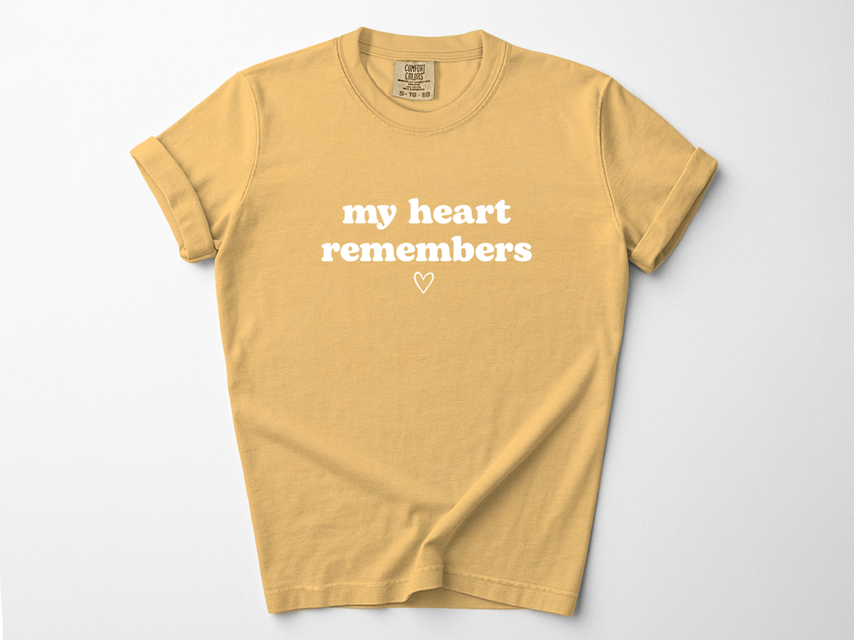 My Heart Remembers angel mom remembrance shirt flat lay in yellow mustard
