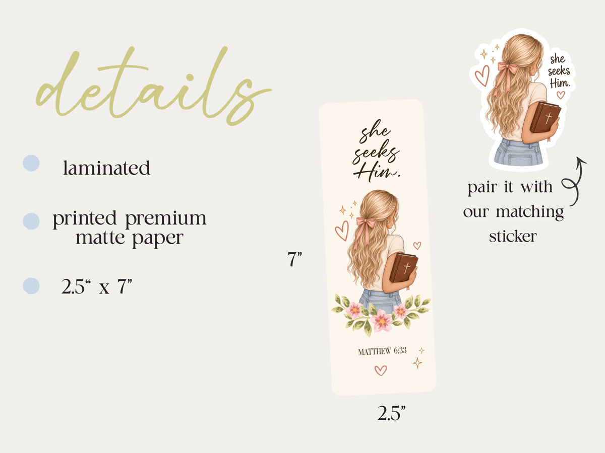 She Seeks Him laminated Christian bookmark product details